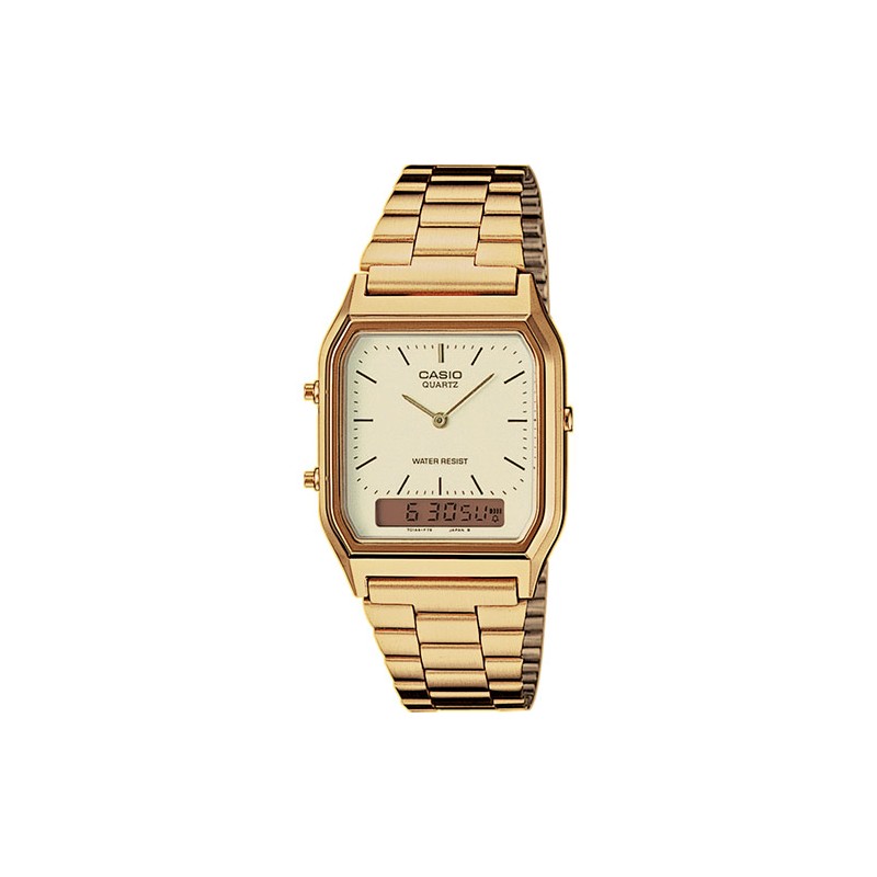 Reloj CASIO, dorado, con indicación de hora con agujas y digital, calendario, alarma, crono