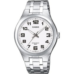 planes Pacer Sábana Reloj Casio, caja metálica, pulsera de acero inoxdable, sumergible 5 ATM,  esfera blanca con números negros