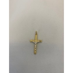 Cruz  de oro amarillo de 18 kts, mate y con Cristo en oro blanco