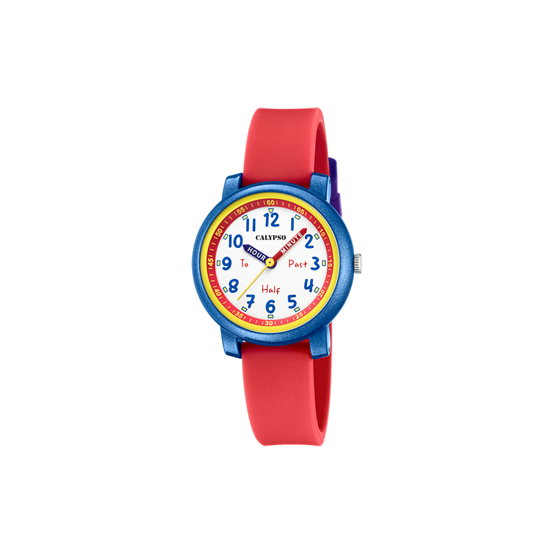 Reloj CALYPSO K5827/5, caja azul y correa roja, sumergible 5 ATM.