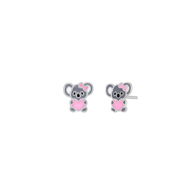 Pendiente koala. Plata de 1ª Ley rodiada. Esmalte blanco, rosa y gris. Cierre presión.
