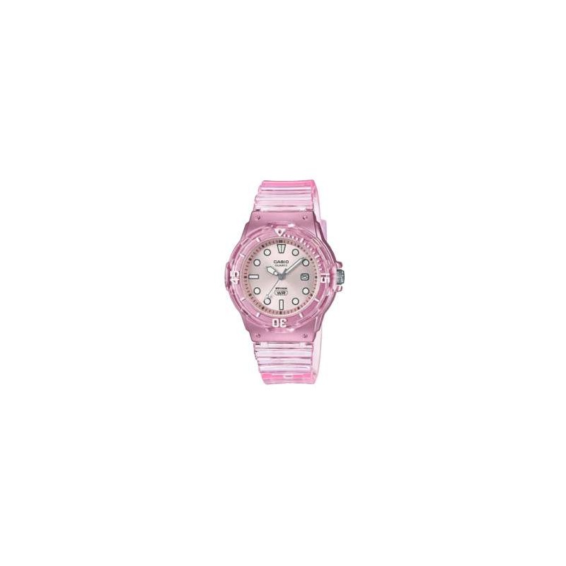 Reloj CASIO LRW-200HS-4E, sumergible, correa y caja rosa.