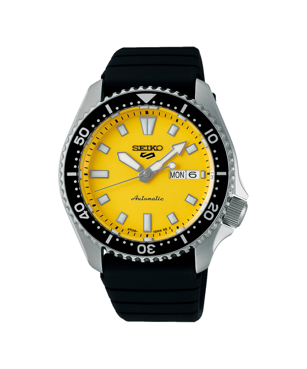 Reloj Seiko 5 Sports con esfera amarilla y correa negra, SRPL87K1.